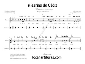 Alegrías de Cádiz Partitura Fácil con Notas y acordes"Ti ri ti tran tran" para Flauta, Violín, Oboe e instrumentos en Clave de Sol con Vídeo Tutorial (puedes cambiar la velocidad desde configuración)