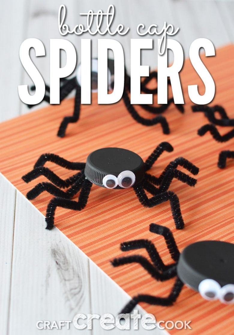 bottle cap Halloween spider craft for kids