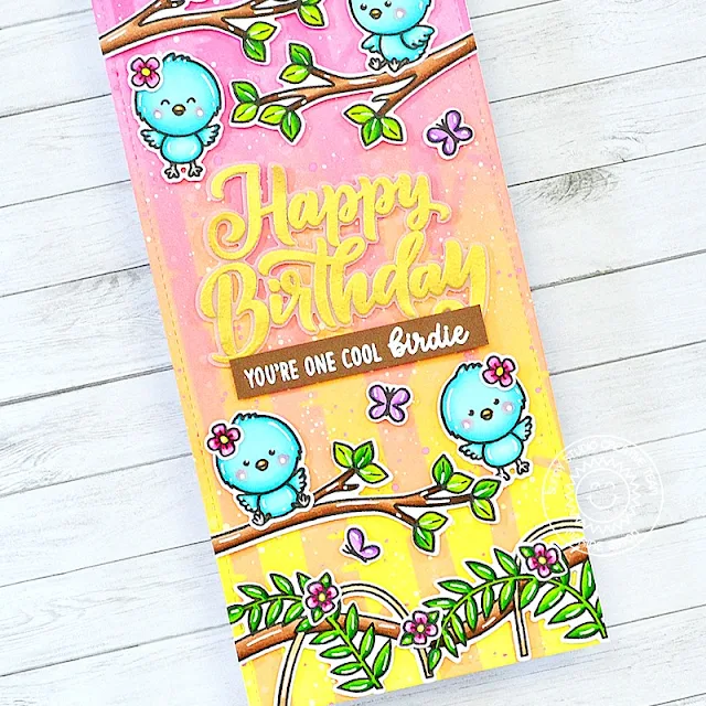 Sunny Studio Stamps: Big Bold Greetings Birthday Card by Marine Simon (featuring Chickie Baby, Tropical Scenes, Little Birdie)