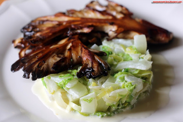 Polypore en ombelle  "Maitake" grillé croustillant et fondue de légumes