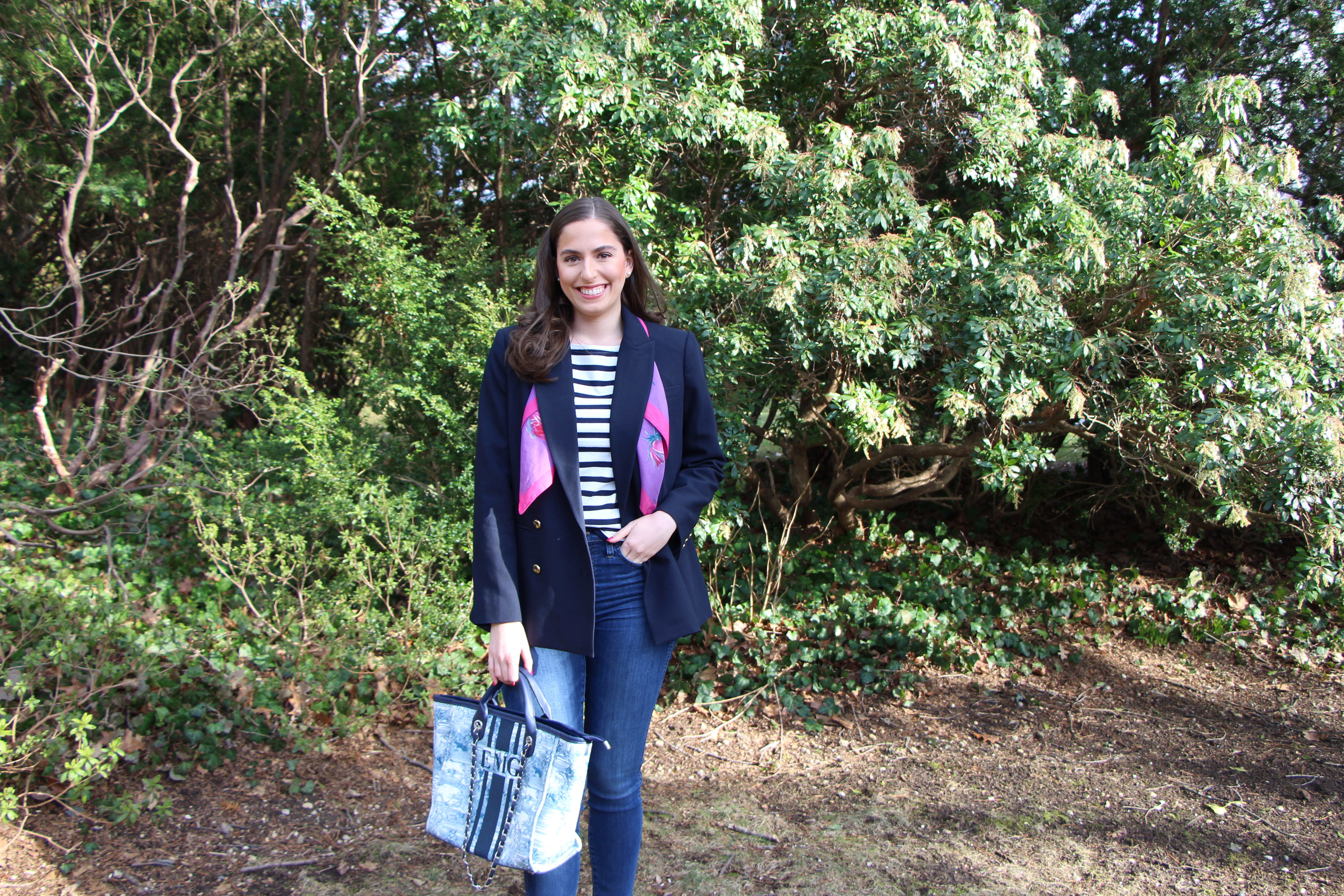 law school, law student, blazer, double breasted blazer, stripes, scarf, beach bag, blue and white bag, lily and bean bag, preppy spring outfit, veja, white sneakers, jeans, preppy outfit