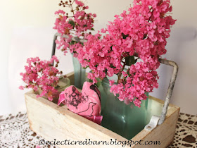 Eclectic Red Barn: White box with square vase, heart and Crepe Myrtle flowers