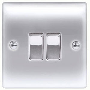 BG Nexus Metal Raised Plate Double 2 way switch, 2 gang 2W 10AX switch in Brushed Steel