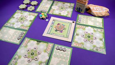 Azul: Queen's Garden board game components in pastel greens