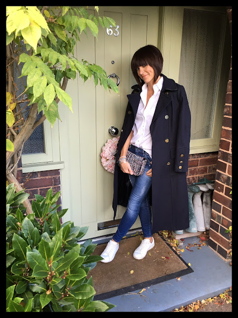 My Midlife Fashion, Zara Tweed Cross Body Bag, Wallis W Navy Military Coat, Massimo Dutti White Shirt, Zara skinny distressed denim, Mango white leather trainers