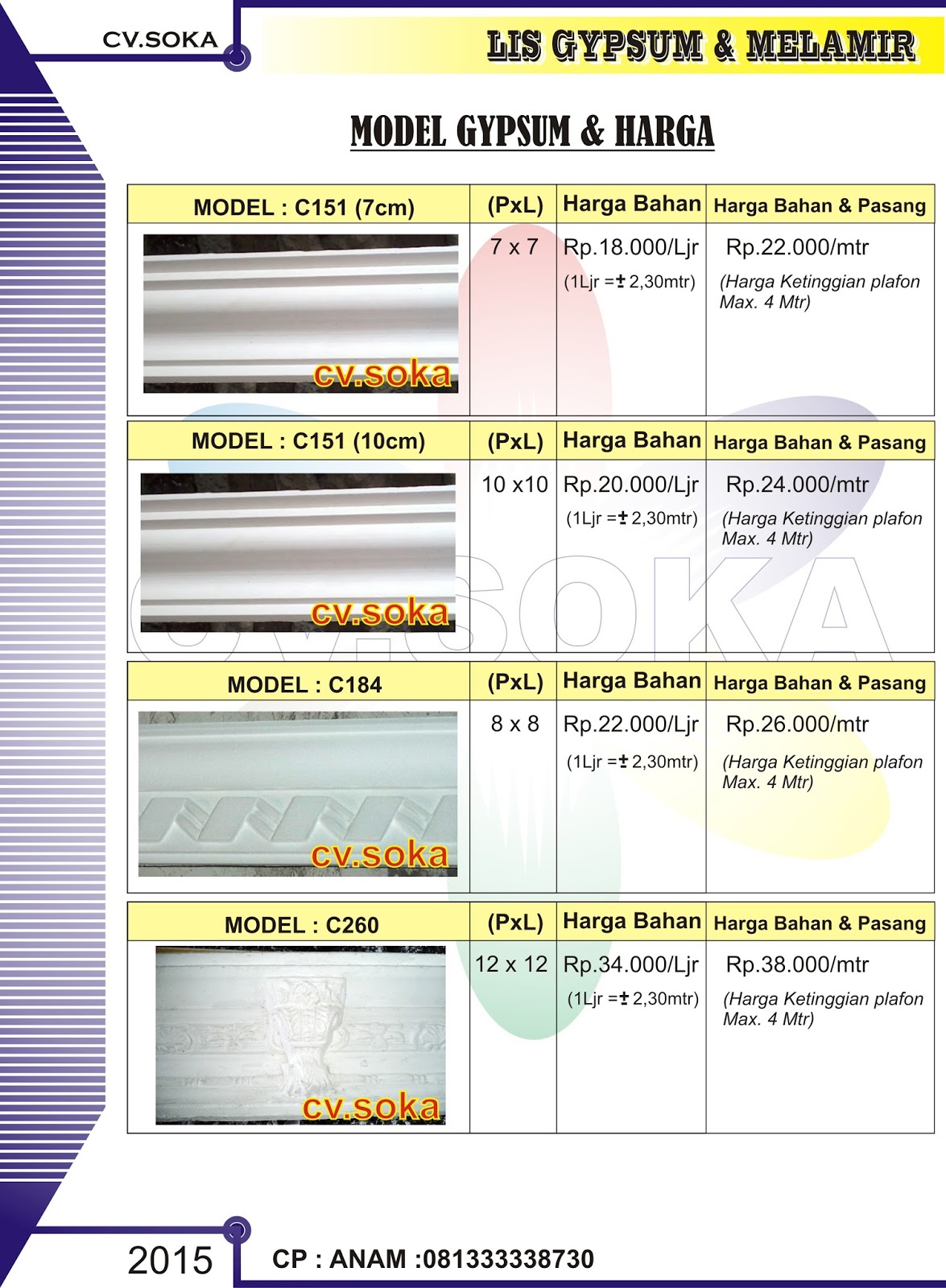 CV SOKA MODEL LIS GYPSUM DAFTAR HARGA BAHAN DAN JASA 