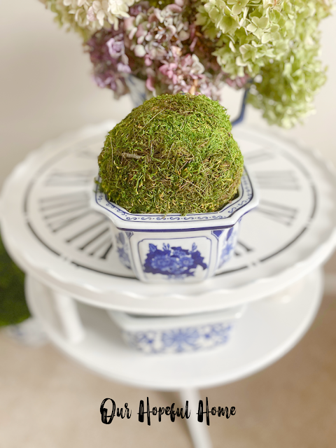 thrift store chinoiserie cachepot filled with moss ball