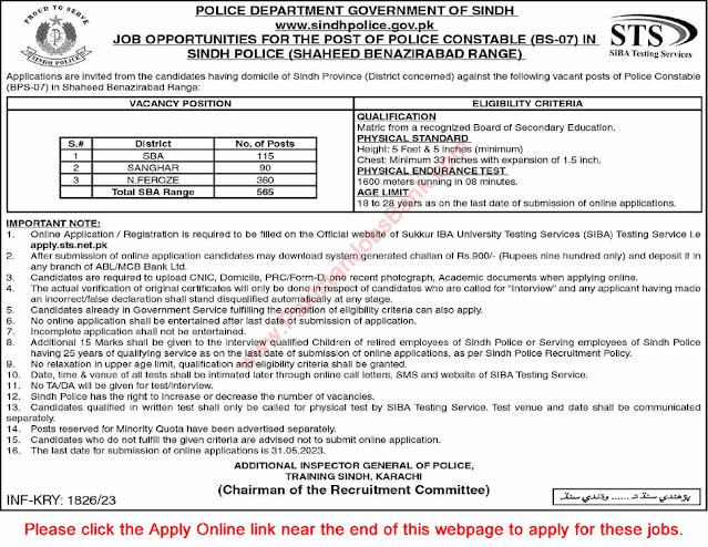 Sindh Police Constable Jobs 2023