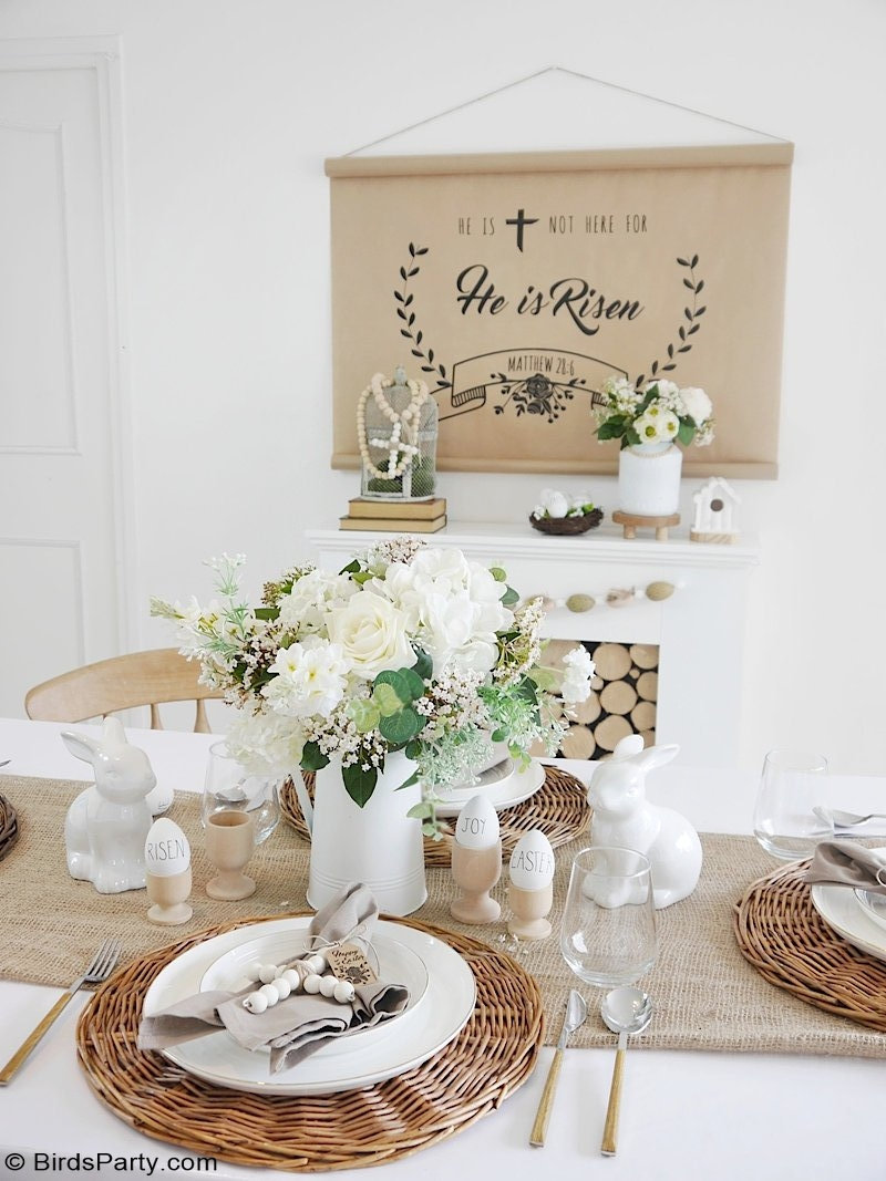 Neutral Easter Tablescape and DIY Mantel Decor - quick, easy craft projects and ideas to styling a pretty religious table & mantel with printables! by BirdsParty.com @BirdsParty #easter #diydecor #eastercrafts #easterdecor #diycarfts #neutraldecor #neutraleaster #farmhouseeaster #religiouseaster #religiouscrafts #religioustablescape #religiousdiy