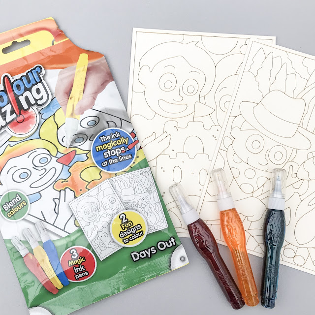 Contents of the ColourMazing packet, including card pictures and ink pens