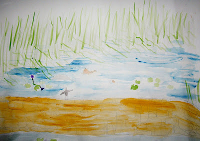 painting of a small pond with water-lilys, reeds and rock wall