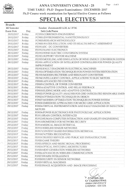 Anna University December 2017 PHD Exam Time Table