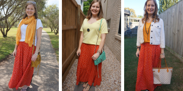 red printed maxi skirt worn 3 ways with yellow and mustard | awayfromblue blog
