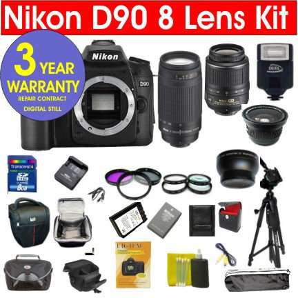 Nikon D90 12.3 MP Digital SLR Camera with 8 Lens Deluxe Camera Outfit # Nikon 18-55 VR Lens # Nikon 70-300 G Lens + 42X Super Wide Angle Fisheye Lens + 2X Telephoto Lens (doubles the power of your lens) # Extra Rechargable Battery + 2 UV Filters + Circular Polarizing Filters # 2 Cases (holster case plus system case) + 2 Tripods (full size & mini travel) + 6 Piece Starter Kit