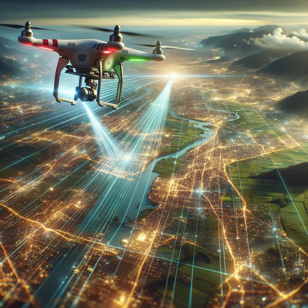 An illustration of an aircraft or drone equipped with aerial LiDAR technology, flying over a mixed landscape of urban and natural environments. The image vividly depicts laser pulses being emitted from the aircraft, capturing detailed data points of the terrain below, symbolizing the advanced capabilities and transformative impact of LiDAR technology in achieving precise and detailed mappings of the Earth's surface.