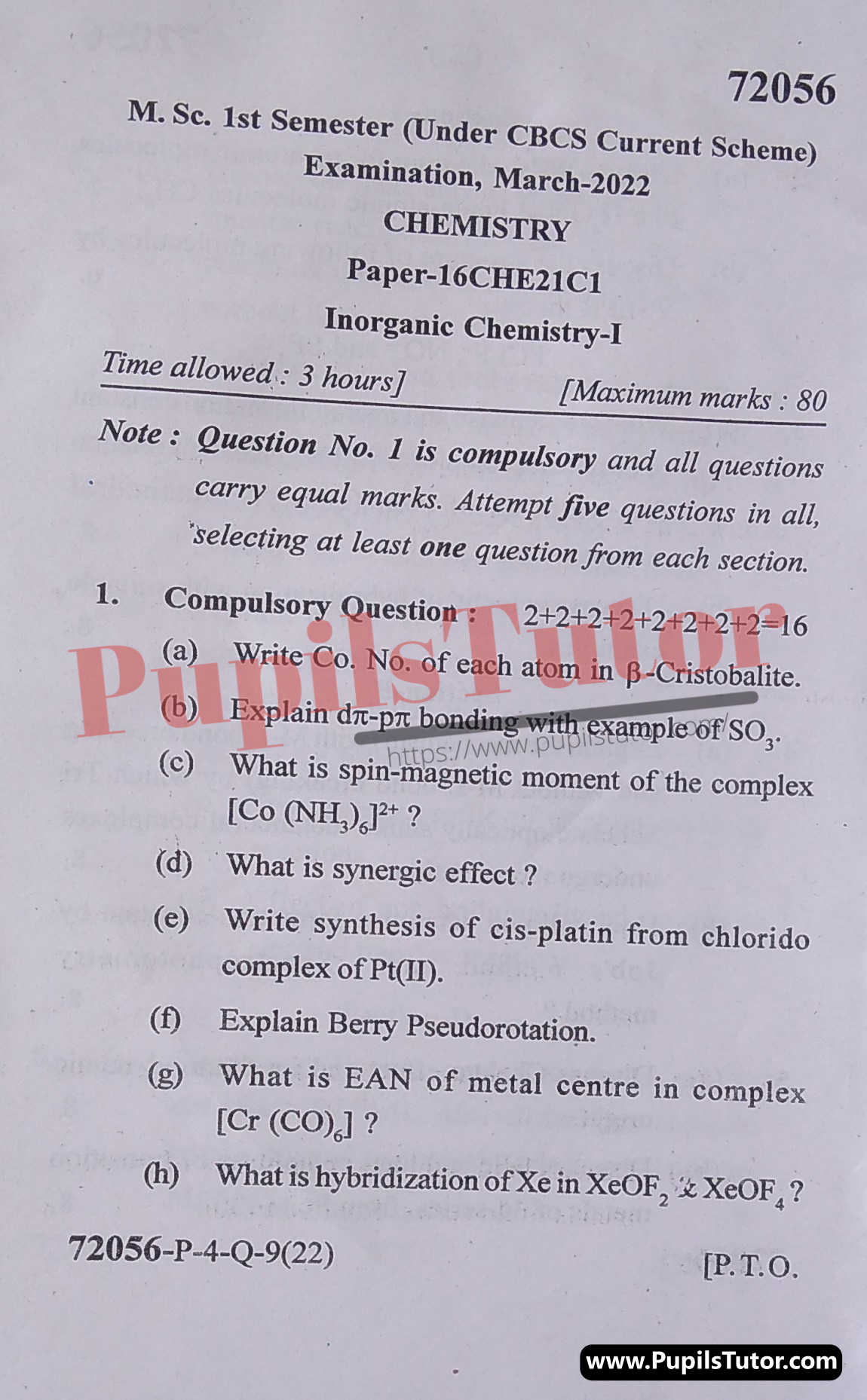 MDU (Maharshi Dayanand University, Rohtak Haryana) MSc Chemistry CBCS Scheme First Semester Previous Year Inorganic Chemistry Question Paper For March, 2022 Exam (Question Paper Page 1) - pupilstutor.com