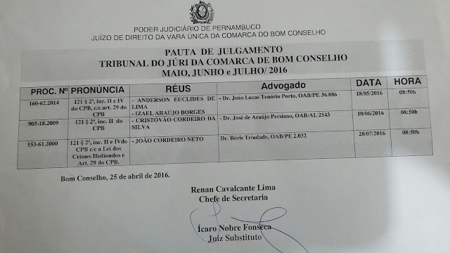 PAUTA DE JULGAMENTO DO TRIBUNAL DO JÚRI DA COMARCA DE BOM CONSELHO 