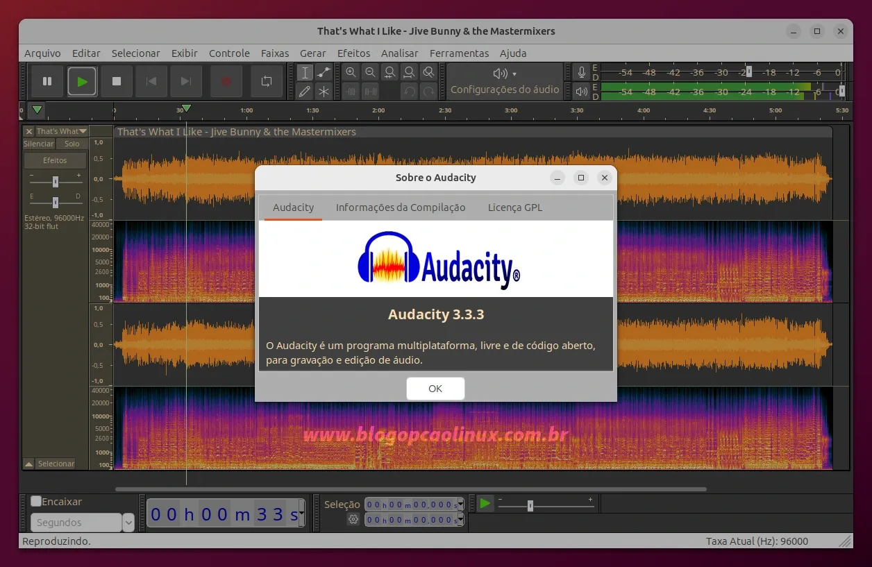 Audacity executando no Ubuntu 23.10 (Mantic Minotaur)