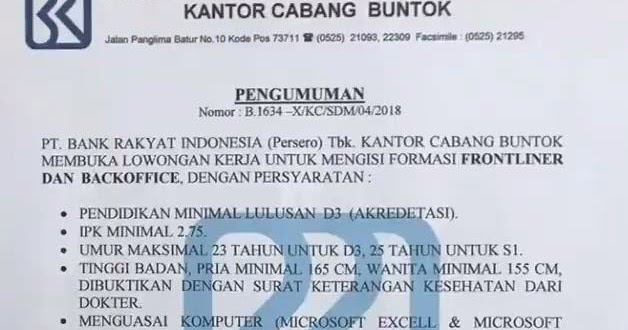 Lowongan Kerja Pt Bank Rakyat Indonesia Cabang Buntok April 2018 Lowongan Kerja Kalimantan Tengah