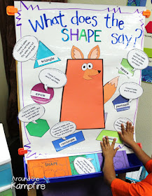 Seriously FUN Ways to Teach Shapes!  What Does the SHAPE Say? anchor chart/game board  Around the Kampfire