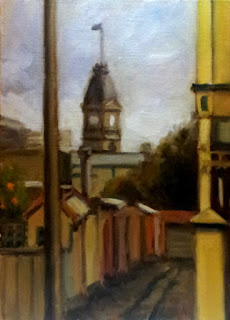 Oil painting of a Victorian-era clock tower with flag pole viewed from a distance with a foreground alleyway.