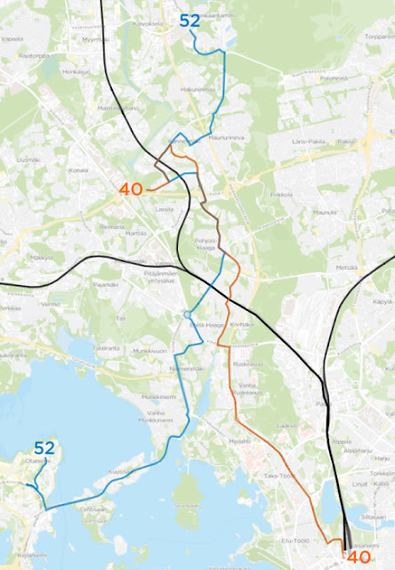 Linjan 40 reitti kulkee Elielinaukio–Mannerheimintie–Ruskeasuo–Etelä-Haaga–Pohjois-Haaga–Kannelmäen asema–Pelimannintie. Linjan 52 reitti kulkee Kuninkaantammi–Hakuninmaa–Kannelmäki–Pohjois-Haaga–Huopalahden asema–Munkkivuori–Munkkiniemi–Otaniemi.