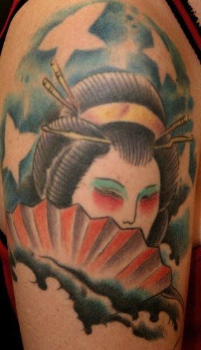 Geisha Woman Hiding Behind Fan Tattoo