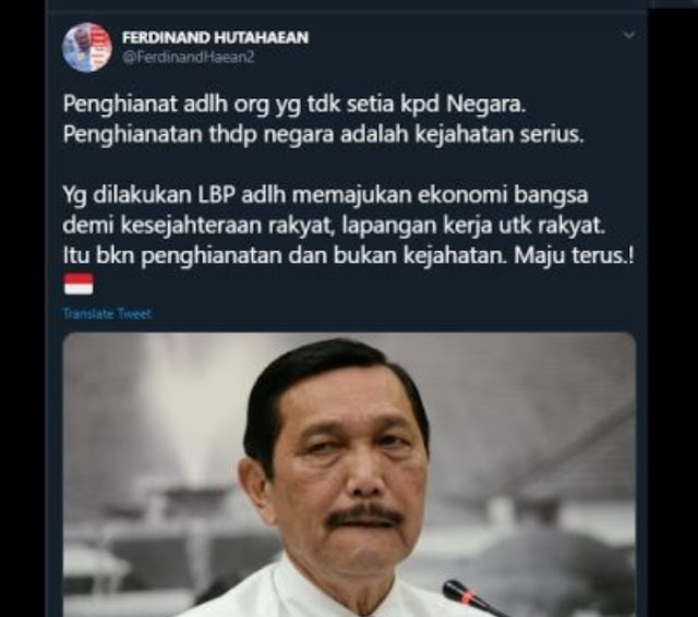 Luhut Disebut Pengkhianat, Ferdinand Demokrat Menjilat: Dia Sedang Majukan Ekonomi Rakyat