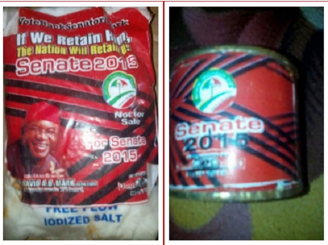 Stomach Infrastructure David Mark flood Benue with customised rice, salt, tomatoes for election