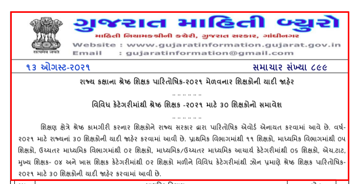 Gujarat State Level Shresh Shikshak Award List 2021 Declared