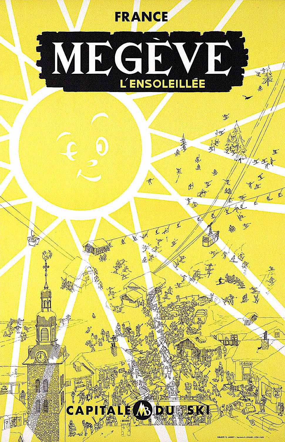 a Y. Laty 1955 illustration for France Megeve L'ensoleillee, with a giant smiling winking sun