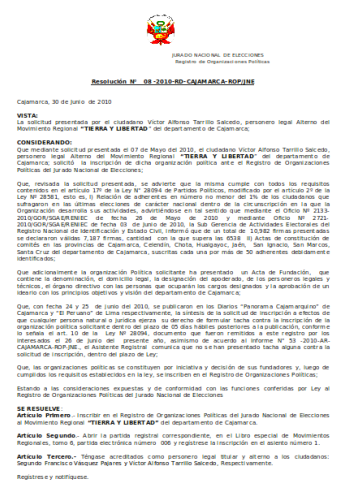 Inscripción Tierra y Libertad Cajamarca