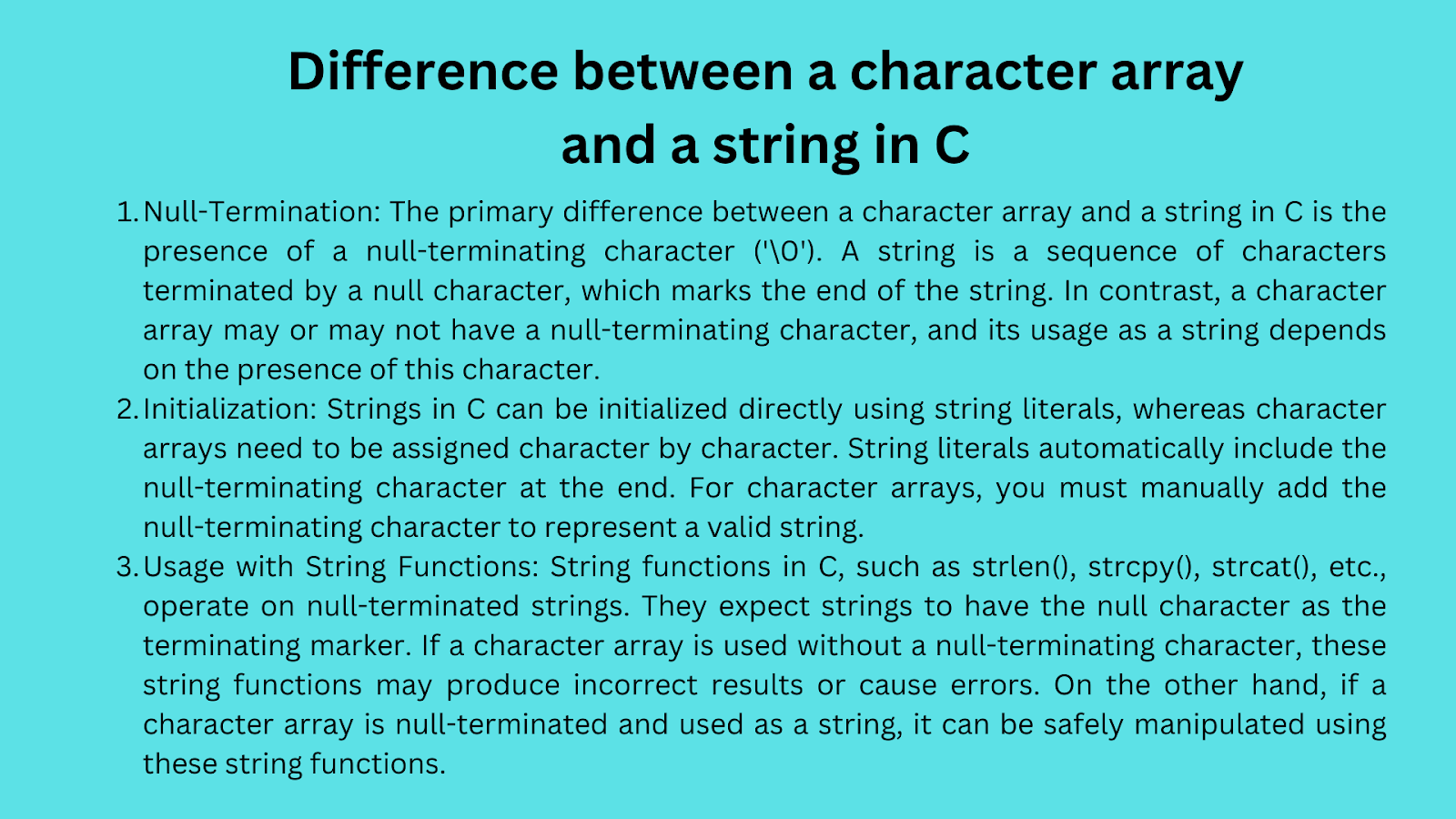 What is the difference between a character array and a string in C?