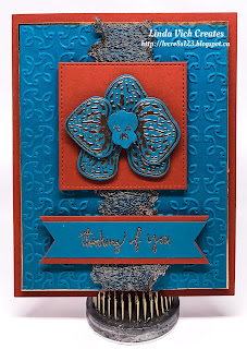 Linda Vich Creates: Ornate Orchid. Copper embossed climbing orchid sits atop a Cajun Craze stitched square. Ruffled copper trim and Island Indigo matte embossed with the Garden Trellis embossing folder as well as some copper foil and this card screams, "ornate!"