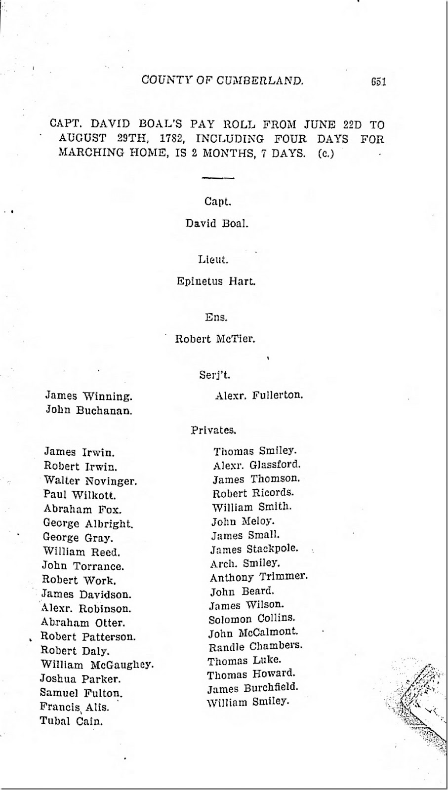 Pennsylvania Archives Series 5 Volume 6 Muster Rolls Relating to the Associators and Militia of Cumberland County, PA pg 651