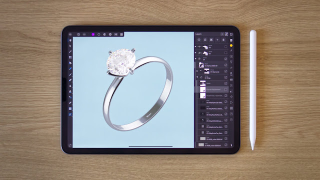 Affinity Photo para iPad se utiliza para editar una imagen de anillo de diamantes en 3D.