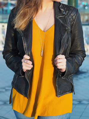 Mustard Top, Blue Jeans Outfit 