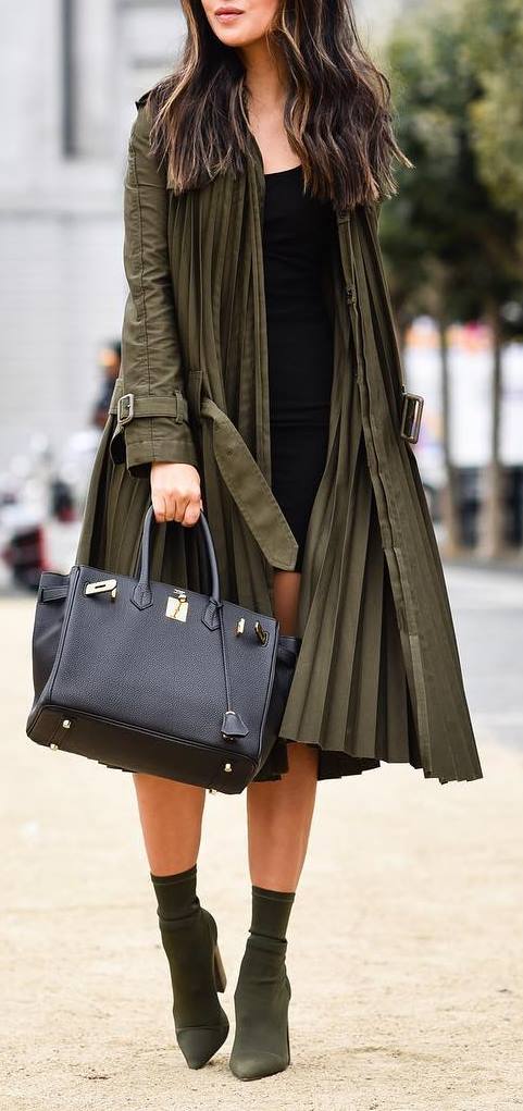 fall outfit inspiration : coat + bag + boots + little black dress