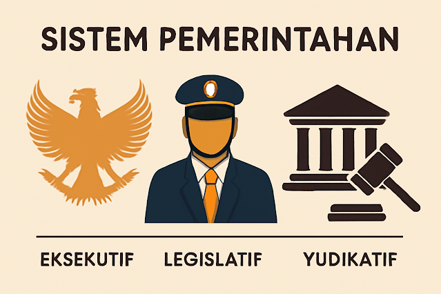 Ilustrasi digital yang menggambarkan sistem pemerintahan, dengan elemen-elemen seperti pembagian kekuasaan antara eksekutif, legislatif, dan yudikatif, serta simbol negara dan pejabat pemerintahan. Desain ini mencerminkan sistem pemerintahan presidensial yang berlaku di Indonesia menurut hukum tata negara.