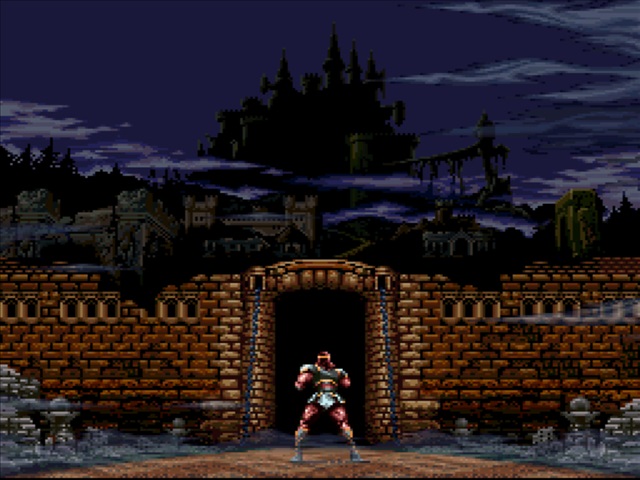 the introduction screen of Super Castlevania IV, right before the game starts. We can see Simon Belmont from the back, facing the castle entrance.