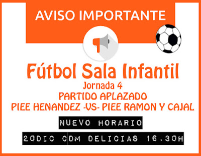 FÚTBOL SALA INFANTIL: Horario partido aplazado jornada 4