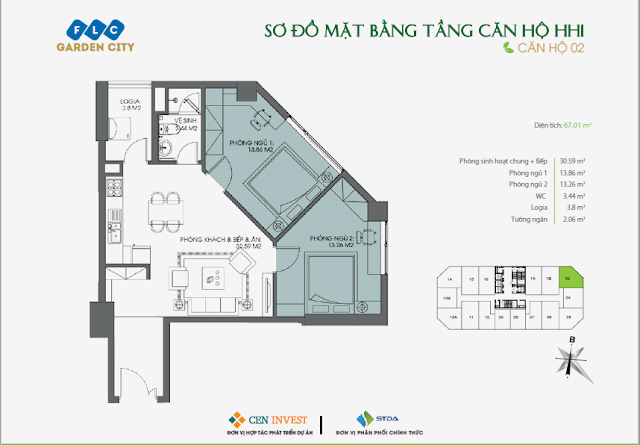 Thiết kế căn hộ 02, 67m, HH1 FLC Garden City