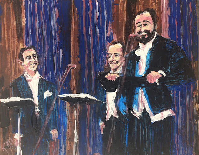 Les ténors Domingo, Carreras, Pavarotti peints par Karine Babel