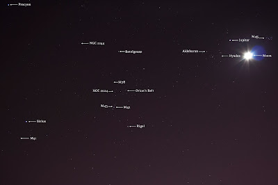 orion and surrounding night sky objects with labels