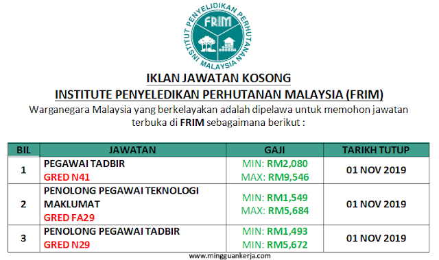 Jawatan Kosong Pegawai Tadbir Institut Penyeledikan Perhutanan Malaysia Frim November 2019