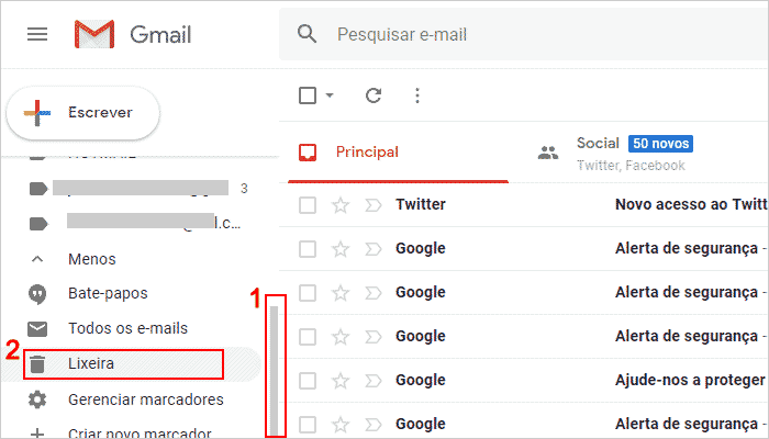 Descobrindo onde está a Lixeira do Gmail