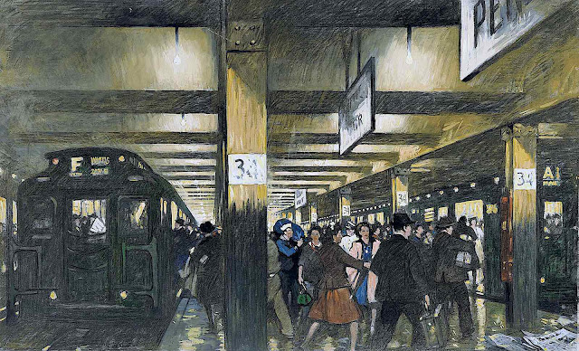 Thornton Oakley, a busy train station with passengers