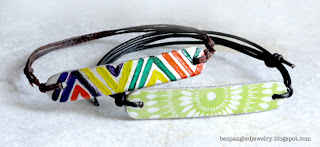 DIY upcycled popsicle stick bracelet tutorial, finished bracelets - one handpainted and one with paper