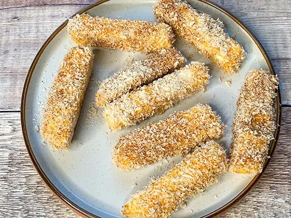 Panko coated halloumi fries ready to cook.