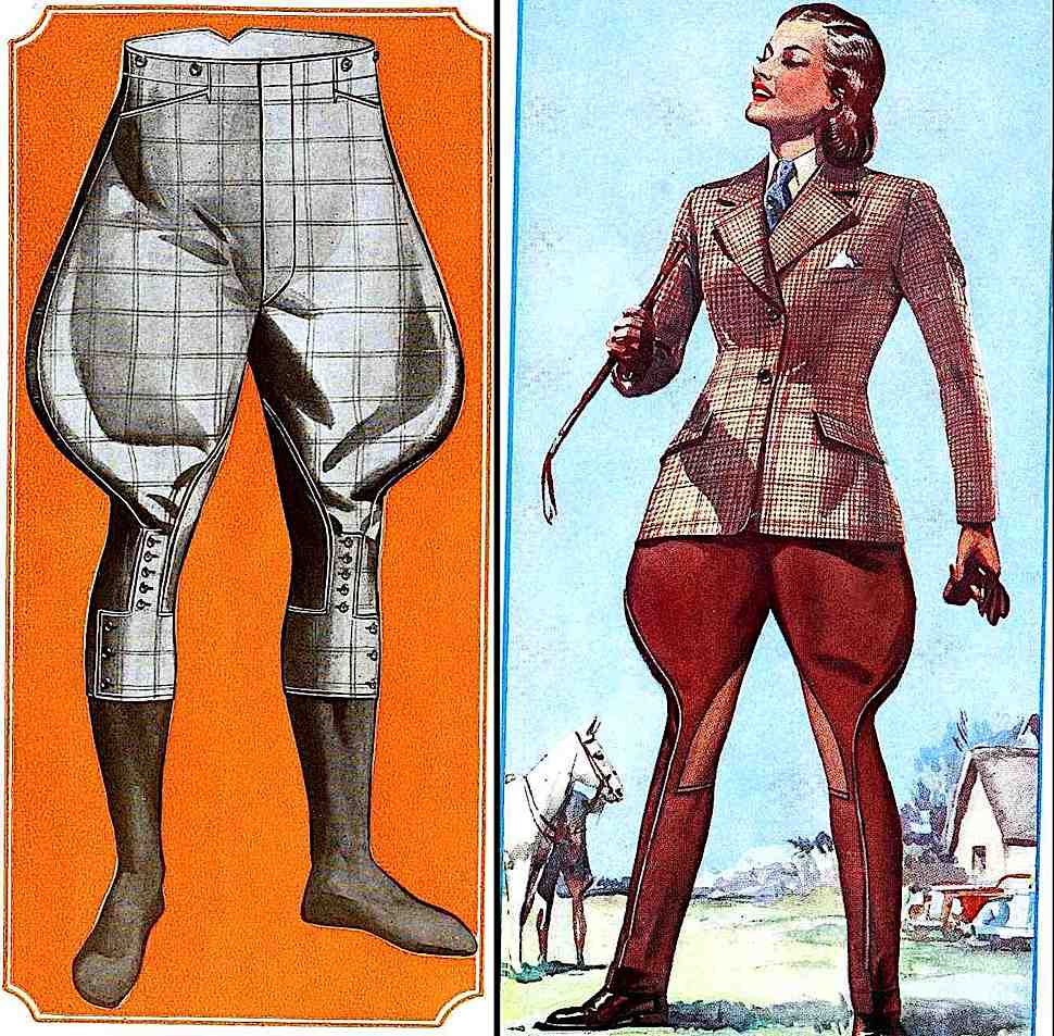 1920 English riding pants for men and women, or 'Jodhpurs', in a color illustration, equestrian